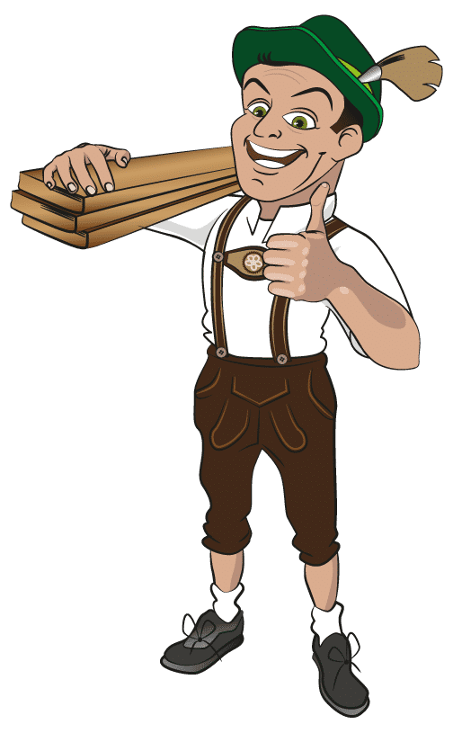 Lächelnder Hochbeet-Hans in Lederhose & Hut, Holzbretter tragend, Daumen hoch.